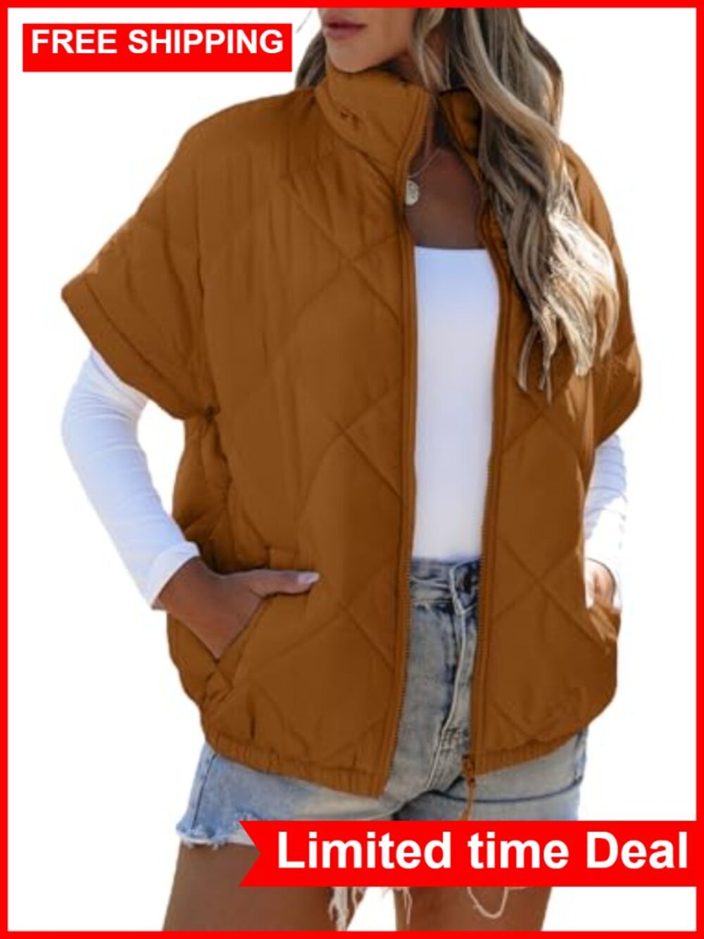 SHEWIN Women's Quilted Vest: Lightweight Zip-Up with Pockets